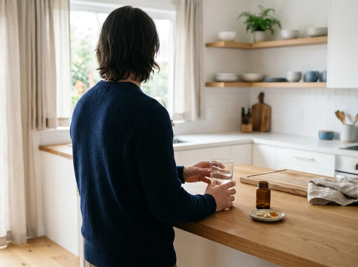 Morgonrutin - man vid köksbänk med vattenglas och kapslar